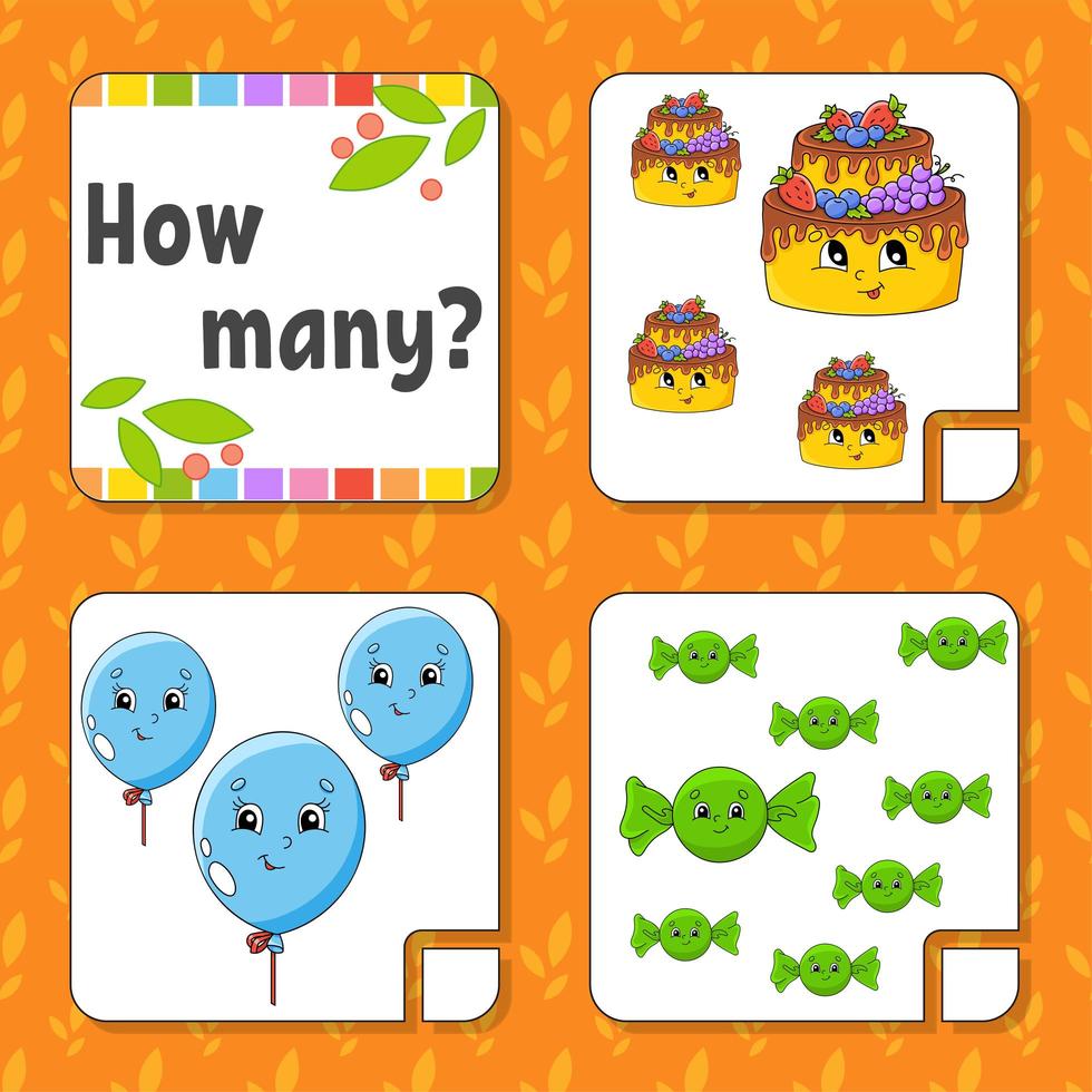 Counting game for children. Happy characters. Learning mathematics. How many object in the picture. Education worksheet. With space for answers. Isolated vector illustration in cute cartoon style.