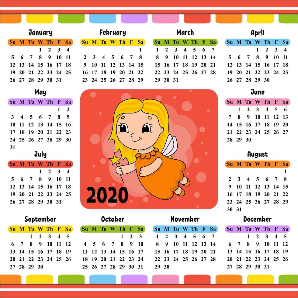 Fairy young girl in a dress with wings and a magic wand. Calendar for 2020 with a cute character. Fun and bright design. Isolated color vector illustration. Cartoon style.