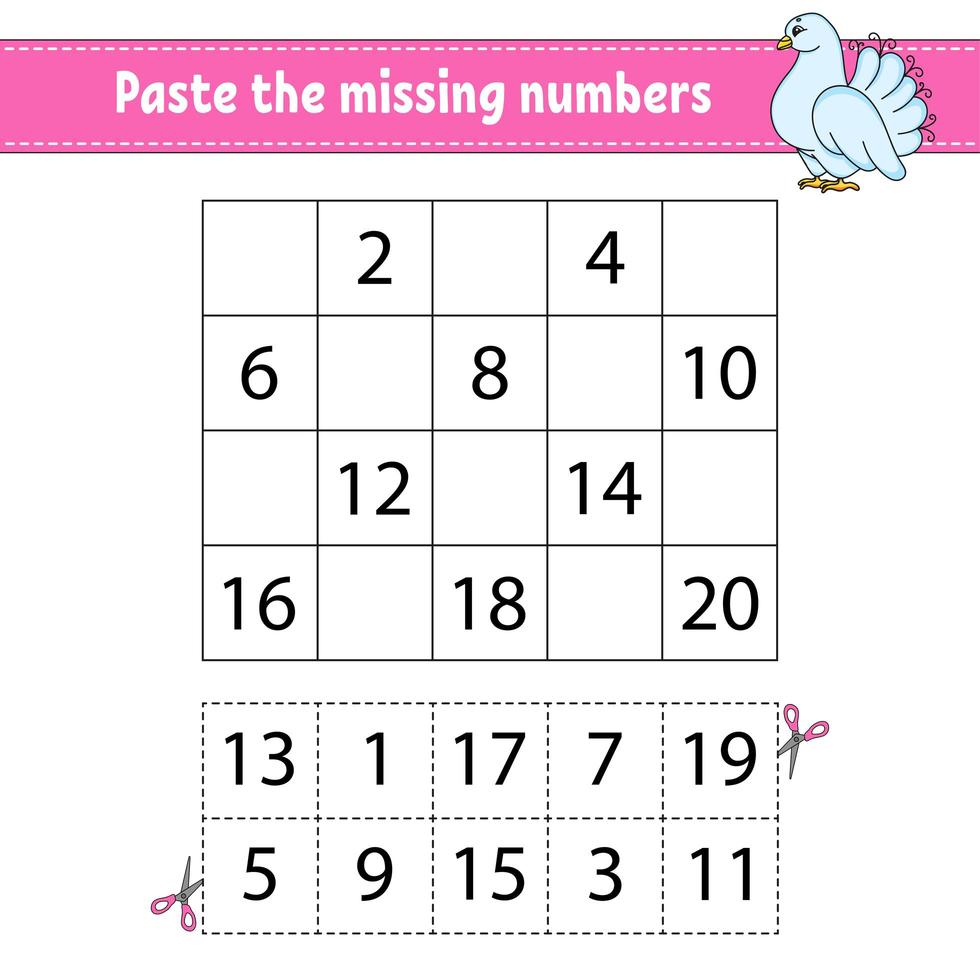 Paste the missing numbers 1-20. Game for children. Handwriting practice. Learning numbers for kids. Education developing worksheet. Activity page. Isolated vector illustration in cute cartoon style.