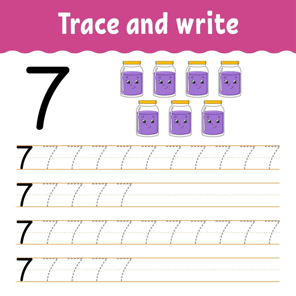 Number 7. Trace and write. Handwriting practice. Learning numbers for kids. Education developing worksheet. Color activity page. Isolated vector illustration in cute cartoon style.