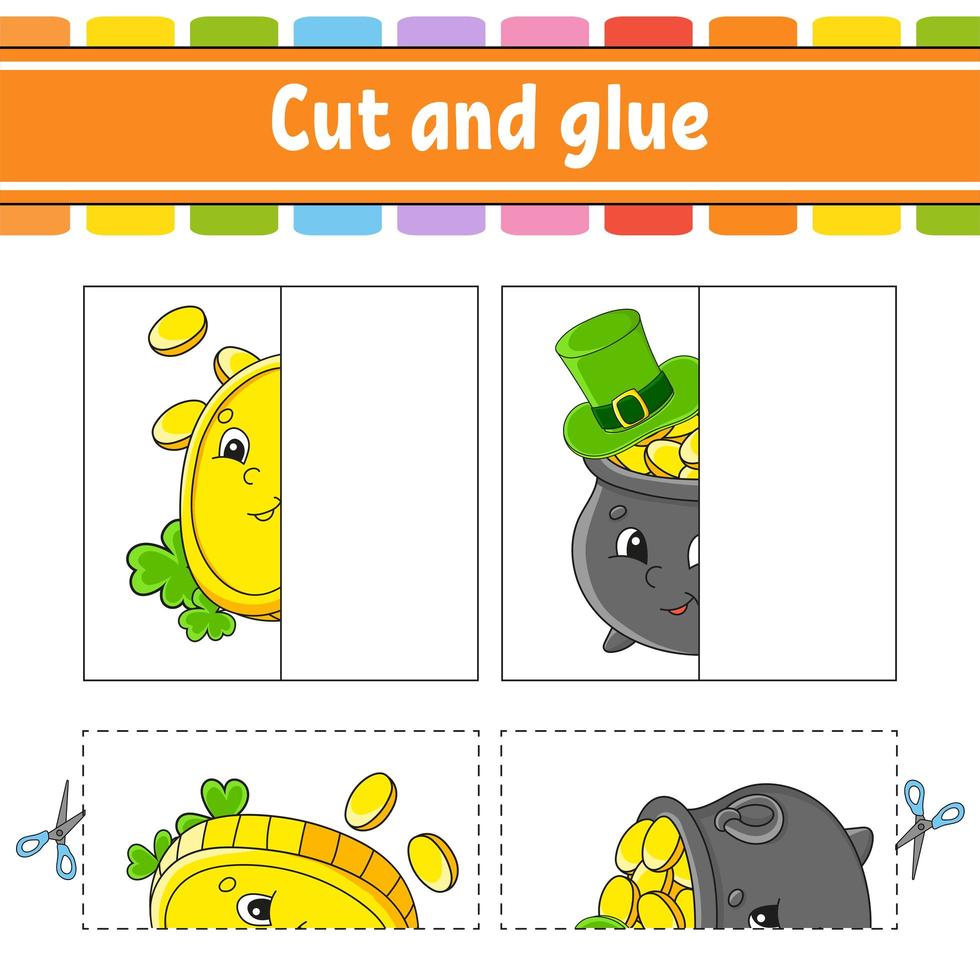 Cut and play. Paper game with glue. Flash cards. Education worksheet. Coin, pot. St. Patrick's day. Activity page. Funny character. Isolated vector illustration. Cartoon style.