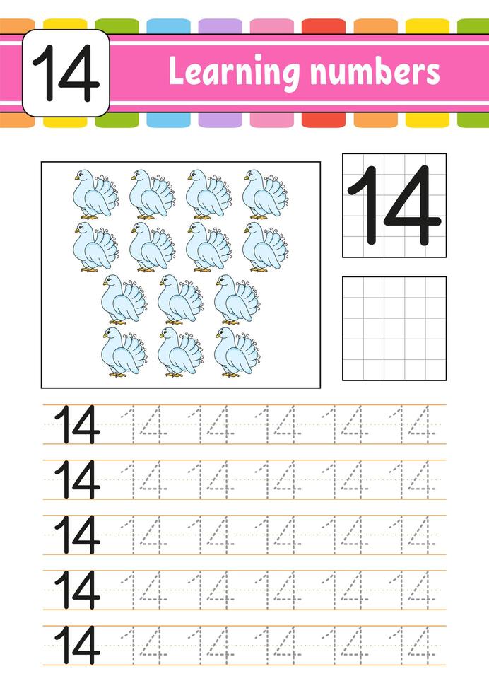 Number 14. Trace and write. Handwriting practice. Learning numbers for kids. Education developing worksheet. Activity page. Game for toddlers. Isolated vector illustration in cute cartoon style.