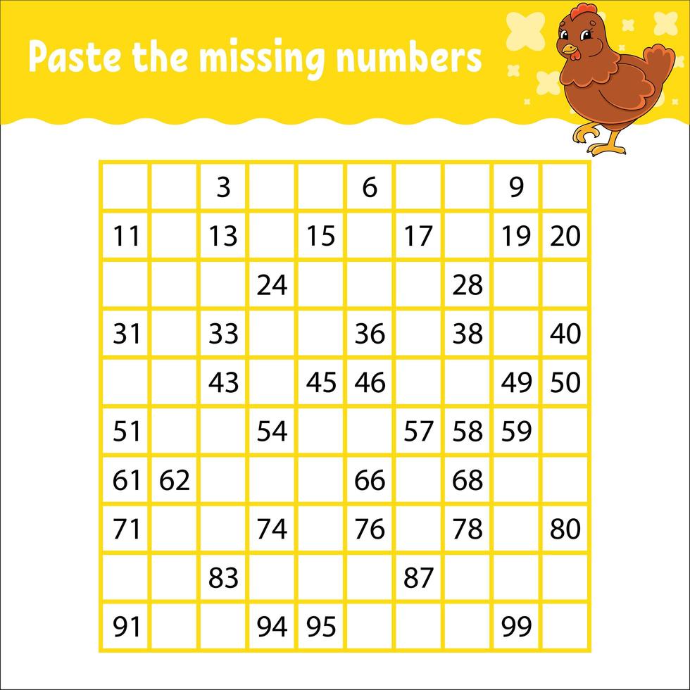 Paste the missing numbers from 1 to 100. Handwriting practice. Learning numbers for kids. Education developing worksheet. Game for children. Isolated vector illustration in cute cartoon style.