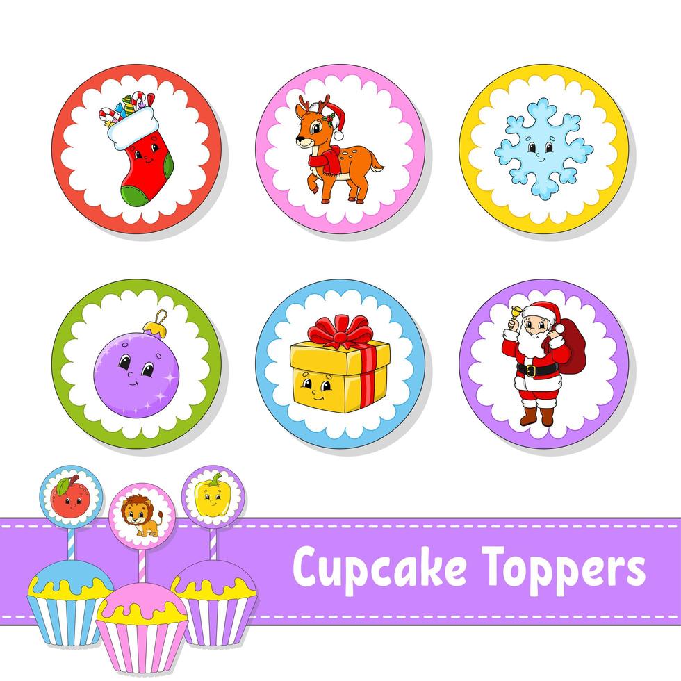 Cupcake Toppers. Set of six round pictures. Christmas theme. Cartoon characters. Cute image. For birhday, party, baby shower. vector