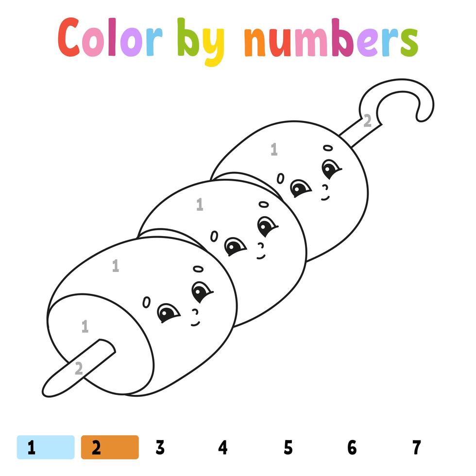 Color by numbers. Coloring book for kids. Vector illustration. Cartoon character. Hand drawn. Worksheet page for children. Isolated on white background.