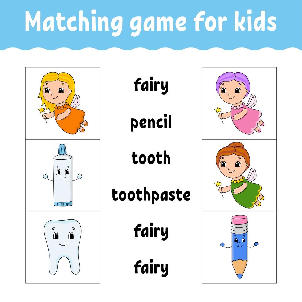 Matching game for kids. Find the correct answer. Draw a line. Learning words. Activity worksheet. Cartoon character. vector