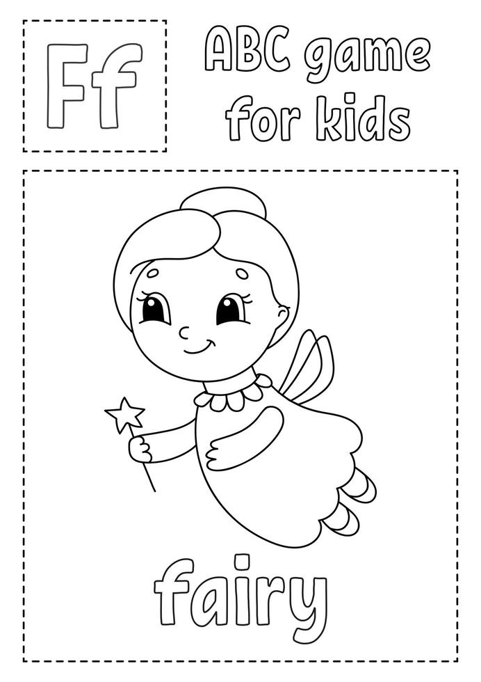 ABC game for kids. Alphabet coloring page. Cartoon character. Word and letter. Vector illustration.