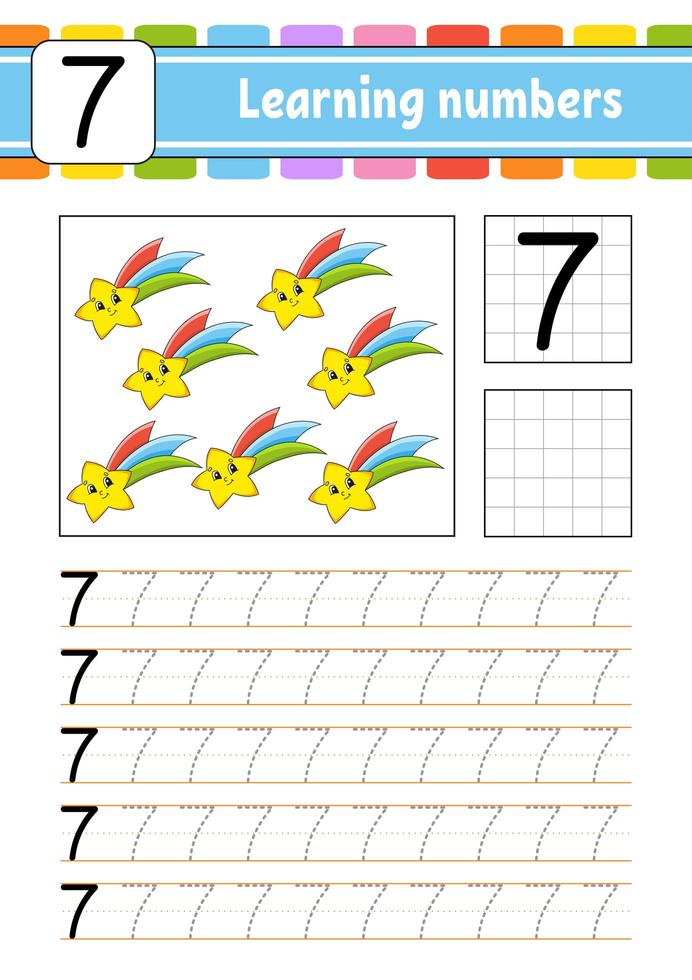 Trace and write. Handwriting practice. Learning numbers for kids. Education developing worksheet. Activity page. Isolated vector illustration in cute cartoon style.