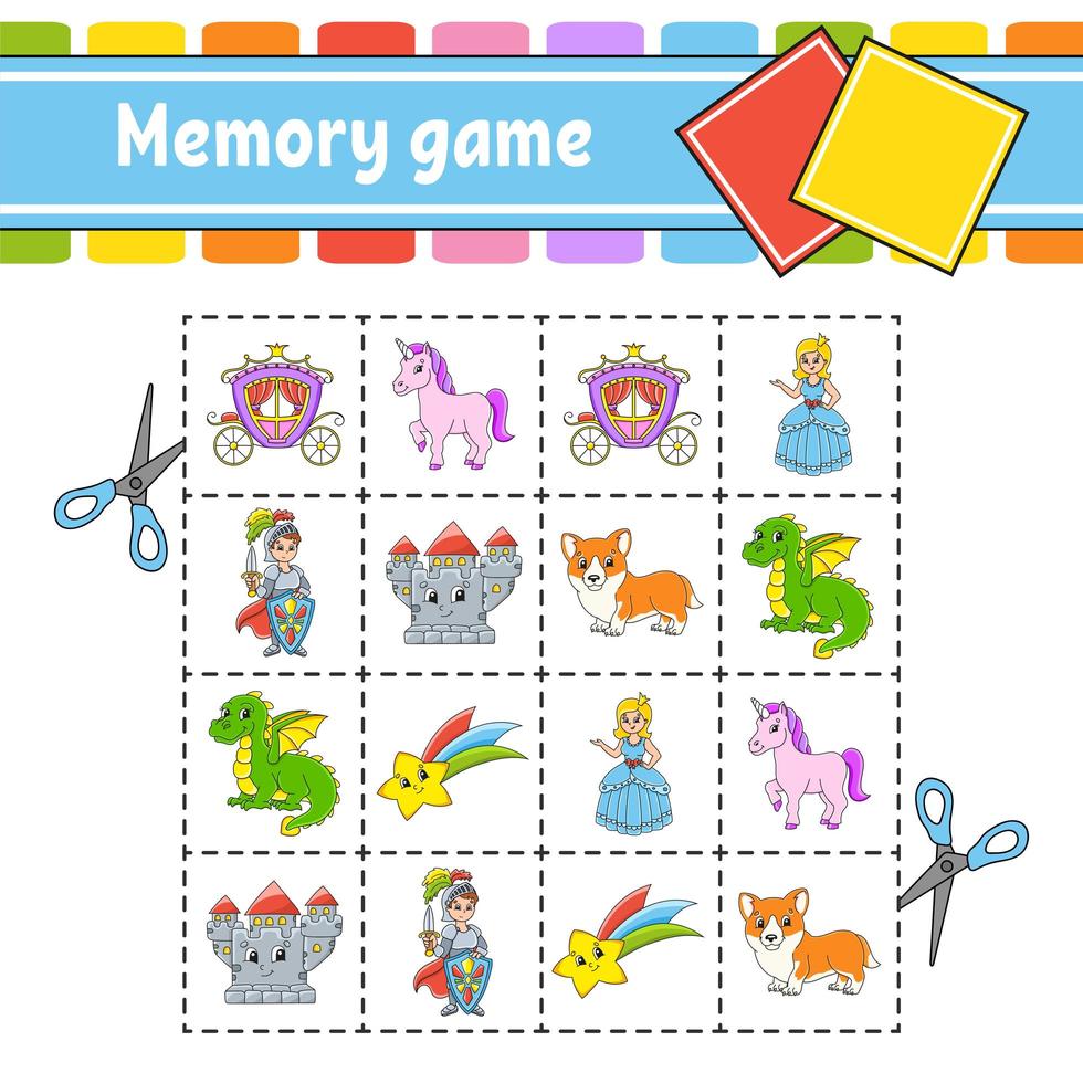 Memory game for kids. Education developing worksheet. Activity page with pictures. Puzzle game for children. Logical thinking training. Isolated vector illustration. Funny character. Cartoon style.