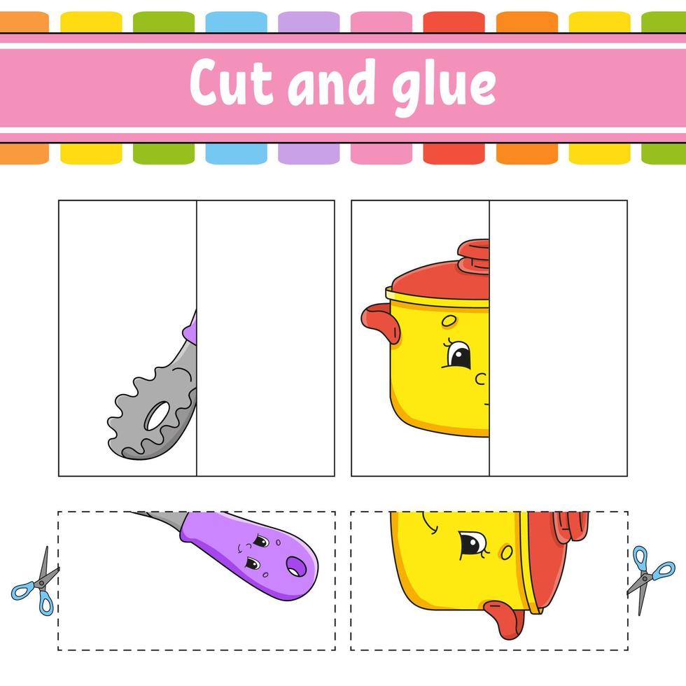 Cut and play. Paper game with glue. Flash cards. Education worksheet. Activity page. Funny character. Isolated vector illustration. Cartoon style.