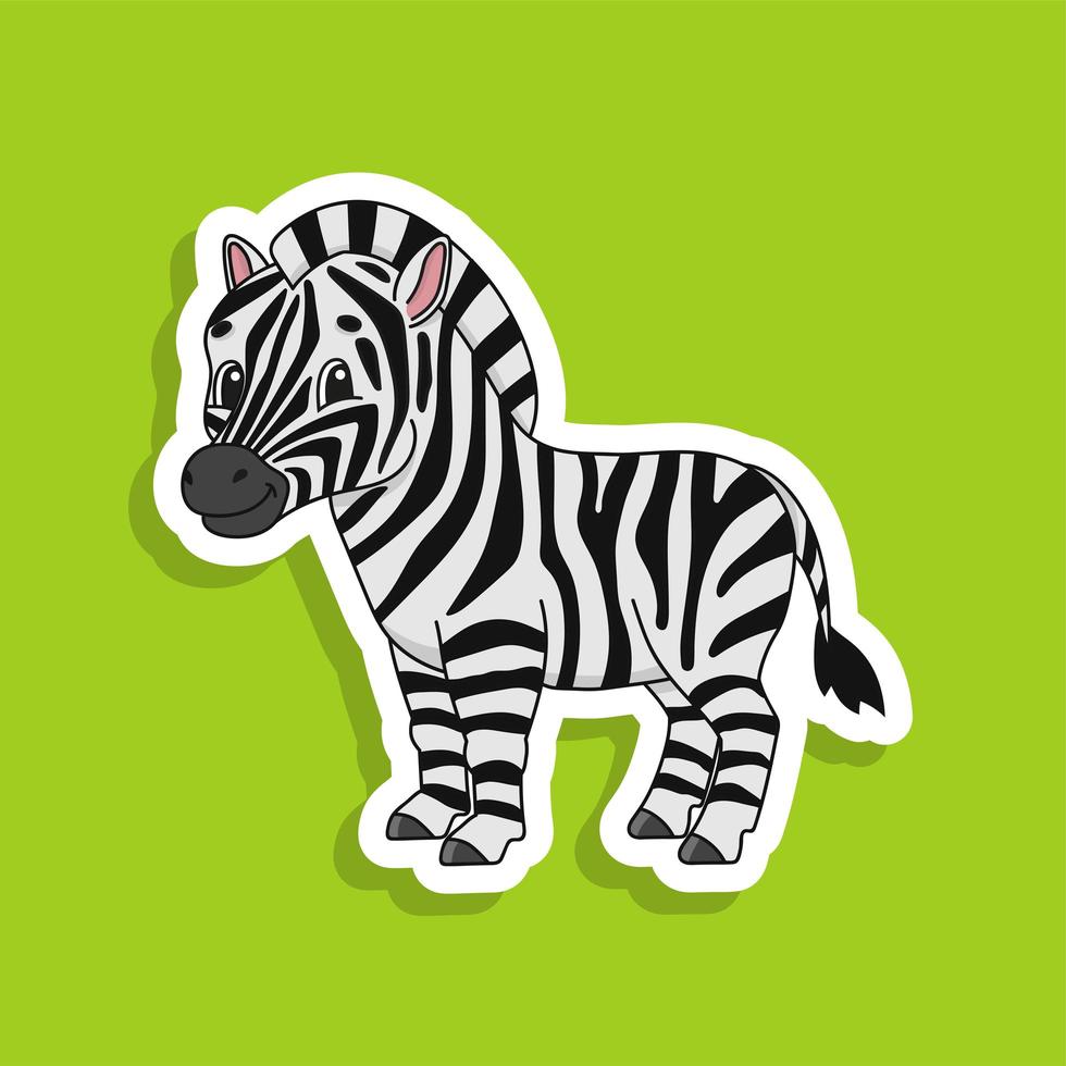 Striped zebra. Bright color sticker of a cute cartoon character. Flat vector illustration isolated on color background. Design element.