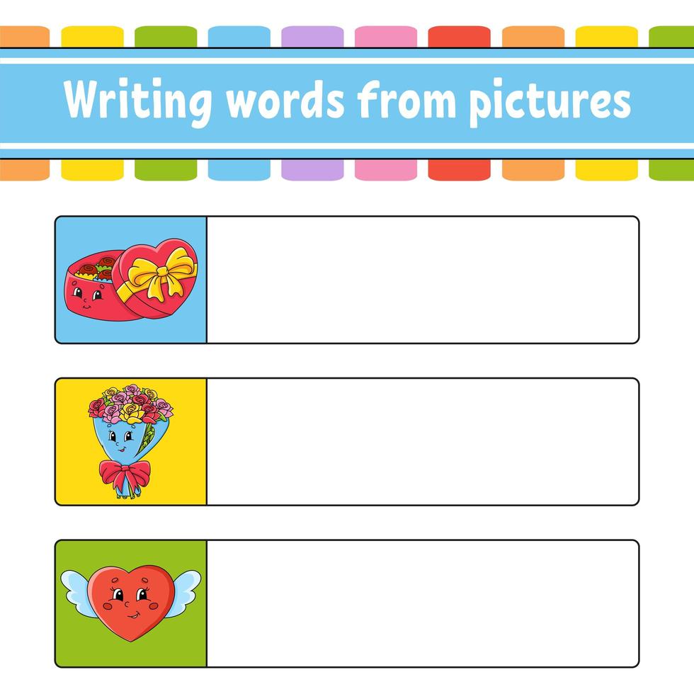 Writing words from pictures. Candy box, bouquet, heart. Education developing worksheet. Activity page for kids. Puzzle for children. Isolated vector illustration. Cartoon characters.