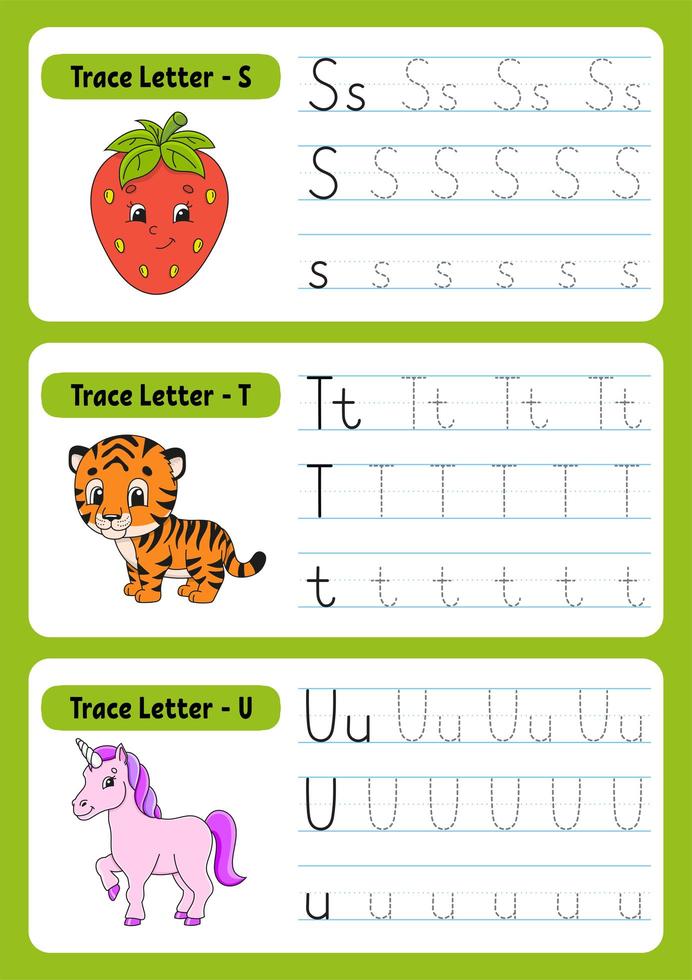 Writing letters. Tracing page. Practice sheet. Worksheet for kids. exercise for preschools. Learn alphabet. Cute characters. Vector illustration. Cartoon style.