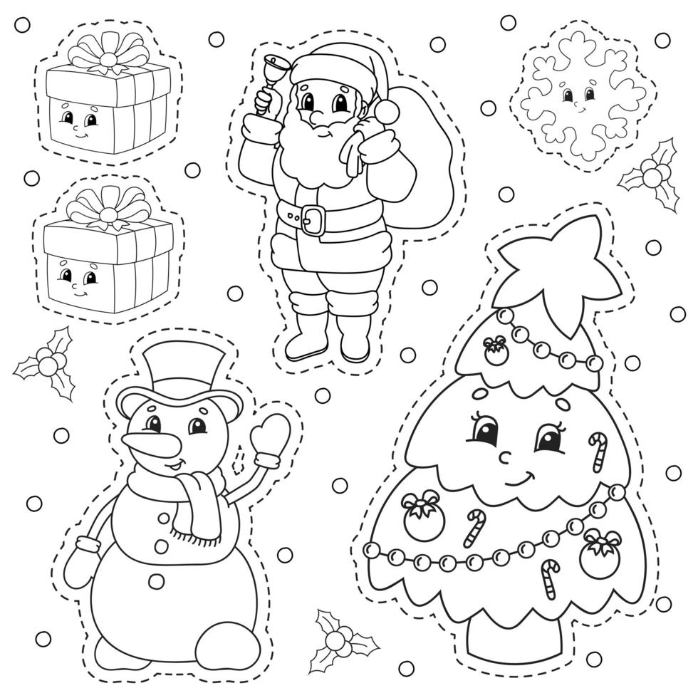 Coloring book for kids. Christmas theme. Cheerful characters. Vector illustration. Cute cartoon style. Black contour silhouette. Isolated on white background.