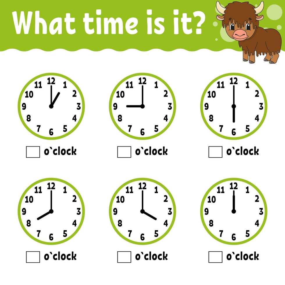 aprender el tiempo en el reloj. hoja de trabajo de actividades educativas para niños y niños pequeños. juego para niños. Ilustración de vector de color aislado plano simple en estilo de dibujos animados lindo.