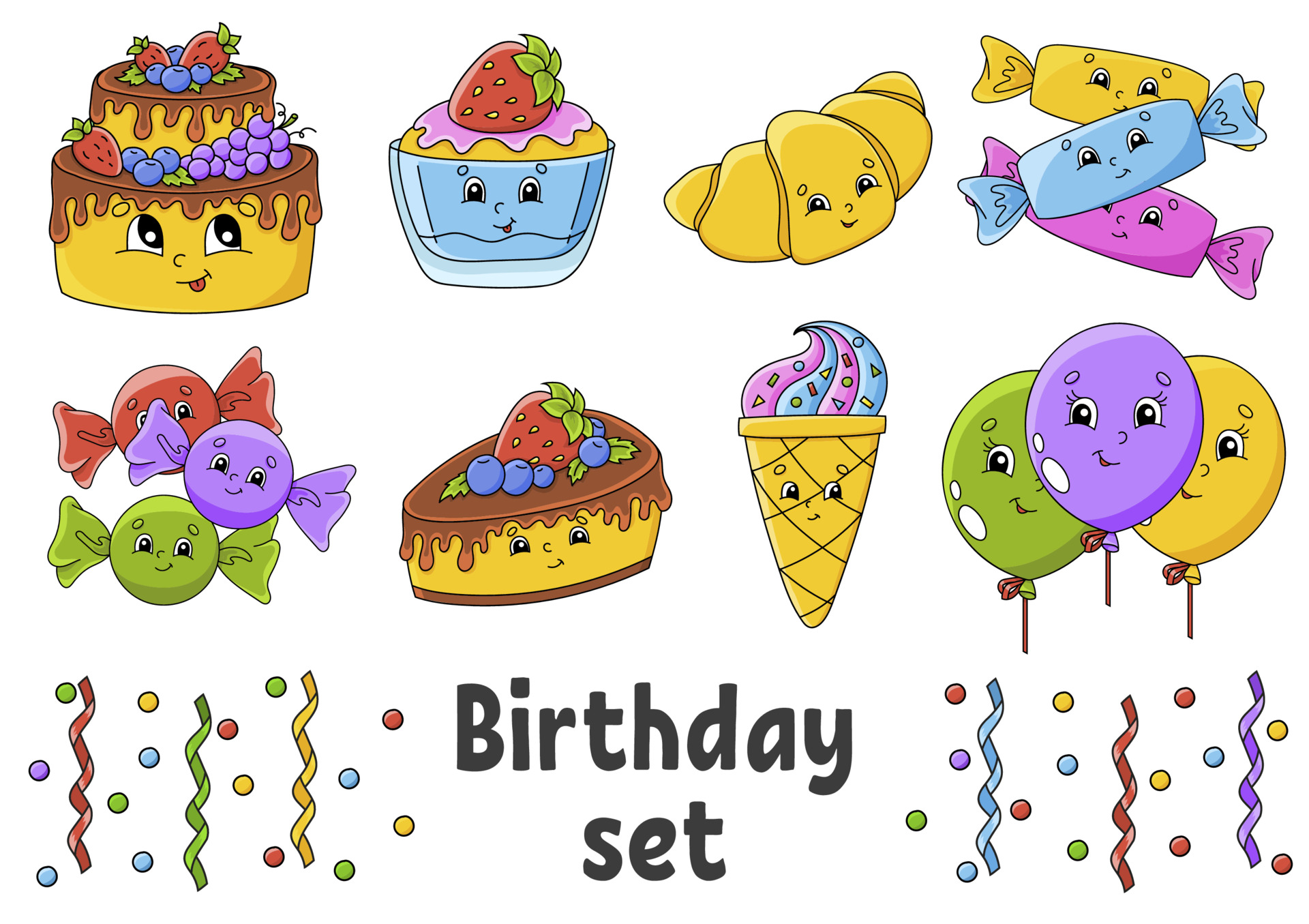 Set of stickers with cute cartoon characters. Happy birthday theme. Hand  drawn. Colorful pack. Vector illustration. Patch badges collection. Label  design elements. For daily planner, diary, organizer. 3771152 Vector Art at  Vecteezy