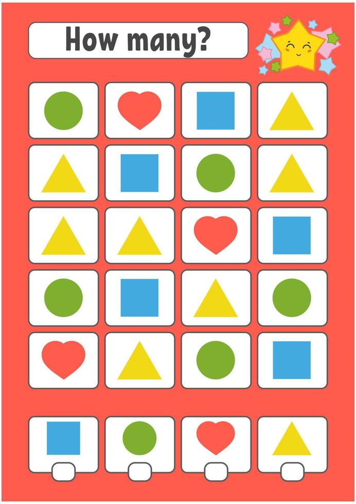 Counting game for children. Happy characters. Learning mathematics. How many object in the picture. Education worksheet. With space for answers. Isolated vector illustration in cute cartoon style.