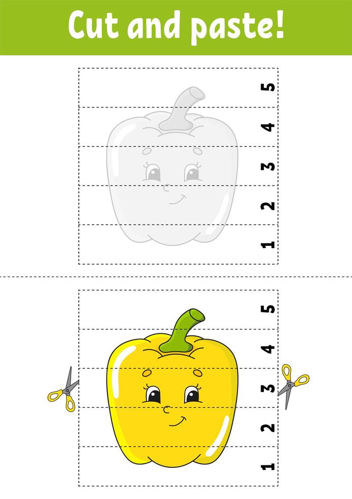 Learning numbers 1-5. Cut and glue. Pepper character. Education developing worksheet. Game for kids. Activity page. Color isolated vector illustration. Cartoon style.