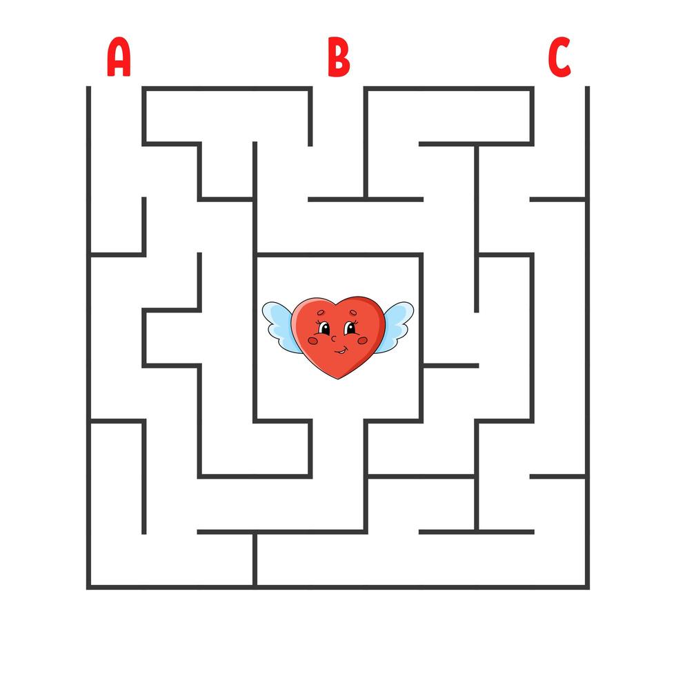 Square maze. Game for kids. Puzzle for children. Cartoon character heart. Labyrinth conundrum. Color vector illustration. Find the right path. The development of logical and spatial thinking.