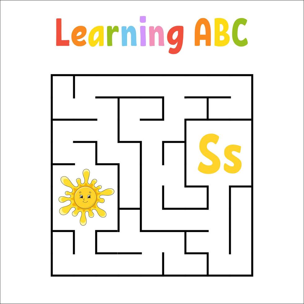 Square maze. Game for kids. Quadrate labyrinth. Education worksheet. Activity page. Learning English alphabet. Cartoon style. Find the right way. Color vector illustration.