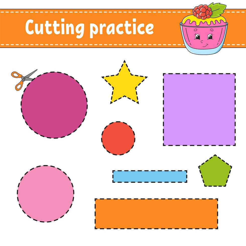 Cutting practice for kids. Education developing worksheet. Activity page with pictures. Color game for children. Isolated vector illustration. Funny character. Cartoon style.