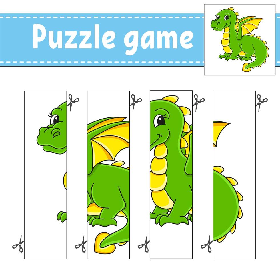 Puzzle game for kids. Cutting practice. Education developing worksheet. Activity page.Cartoon character. vector