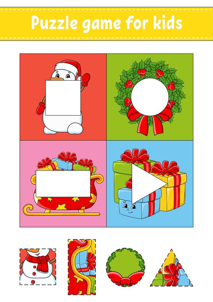 Puzzle game for kids. Cut and paste. Christmas theme. Cutting practice. Learning shapes. Education worksheet. Circle, square, rectangle, triangle. Activity page. Cartoon character. vector