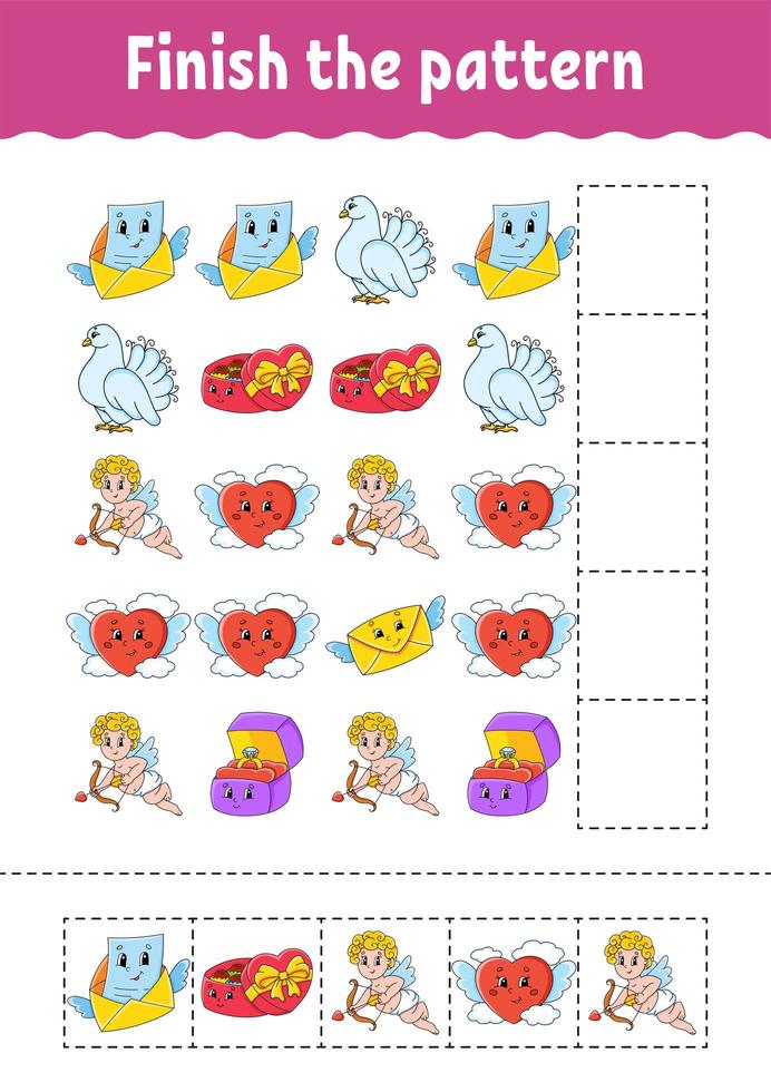 Finish the pattern. Cut and play. Education developing worksheet. Activity page. Valentine's Day. Cartoon character. vector