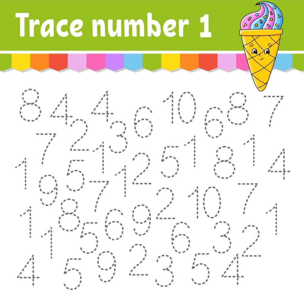 Trace number . Handwriting practice. Learning numbers for kids. Education developing worksheet. Activity page. Game for toddlers and preschoolers. Isolated vector illustration in cute cartoon style.