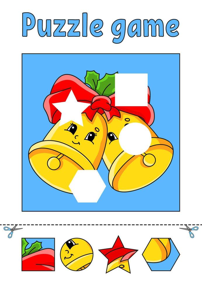 Find the missing piece. Education developing worksheet for kids. Puzzle game. Activity page. Christmas theme. Cartoon character. vector