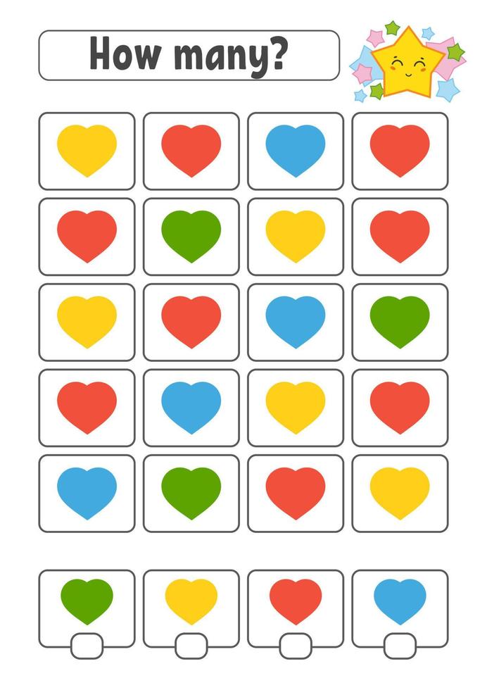 Counting game for children. Happy characters. Learning mathematics. How many object in the picture. Education worksheet. With space for answers. Isolated vector illustration in cute cartoon style.