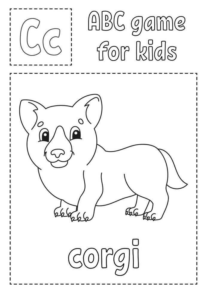 Letter C is for corgi. ABC game for kids. Alphabet coloring page. Cartoon character. Word and letter. Vector illustration.
