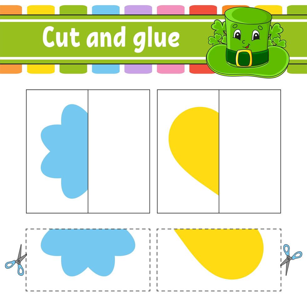 Cut and play. Paper game with glue. Flash cards. Flower, heart, hat. Education worksheet. Activity page. Funny character. Isolated vector illustration. Cartoon style.