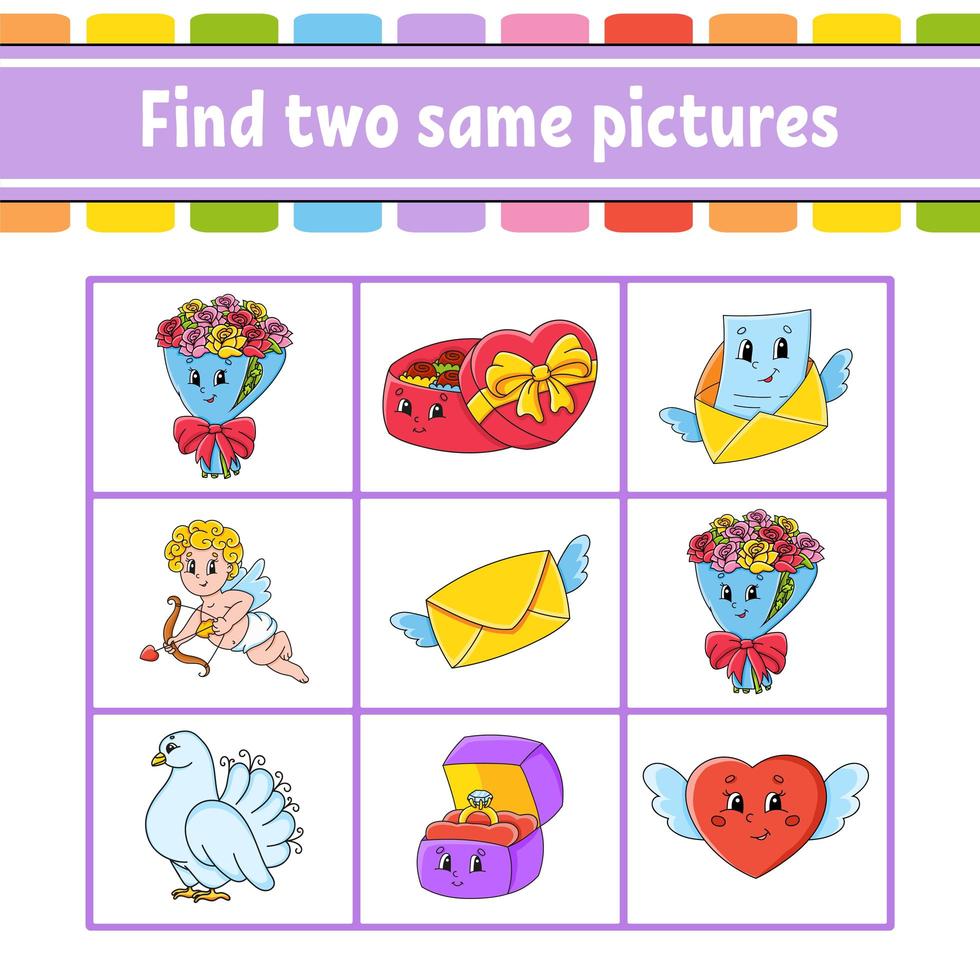 Find two same pictures. Task for kids. Education developing worksheet. Activity page. Color game for children. Funny character. Isolated vector illustration. Cartoon style. Valentine's Day.