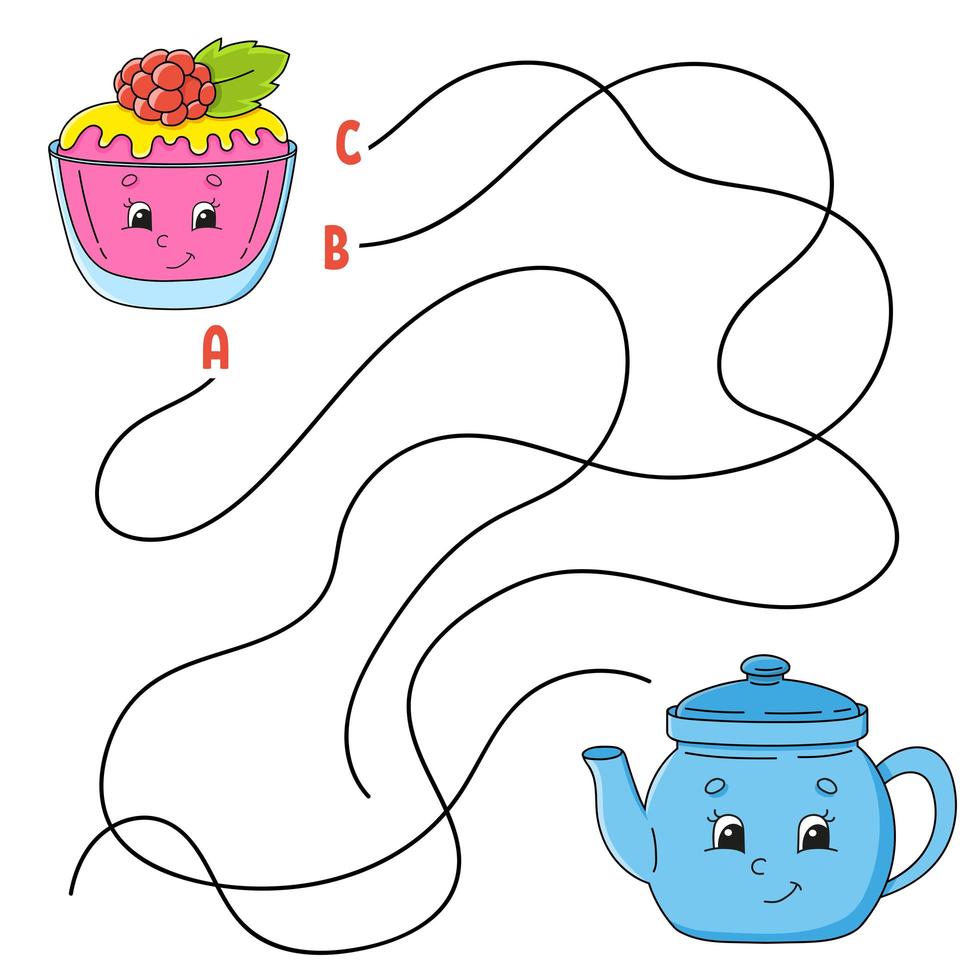 Easy maze. Cake and teapot. Labyrinth for kids. Activity worksheet. Puzzle for children. Cartoon character. Logical conundrum. Color vector illustration.