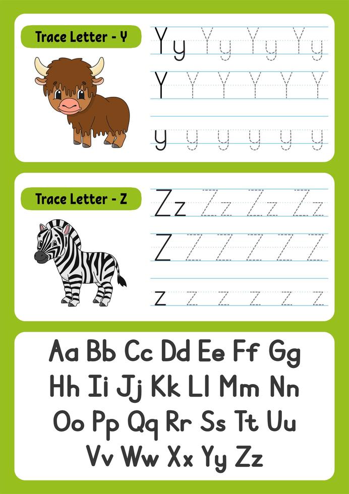 Writing letters. Tracing page. Practice sheet. Worksheet for kids. exercise for preschools. Learn alphabet. Cute characters. Vector illustration. Cartoon style.