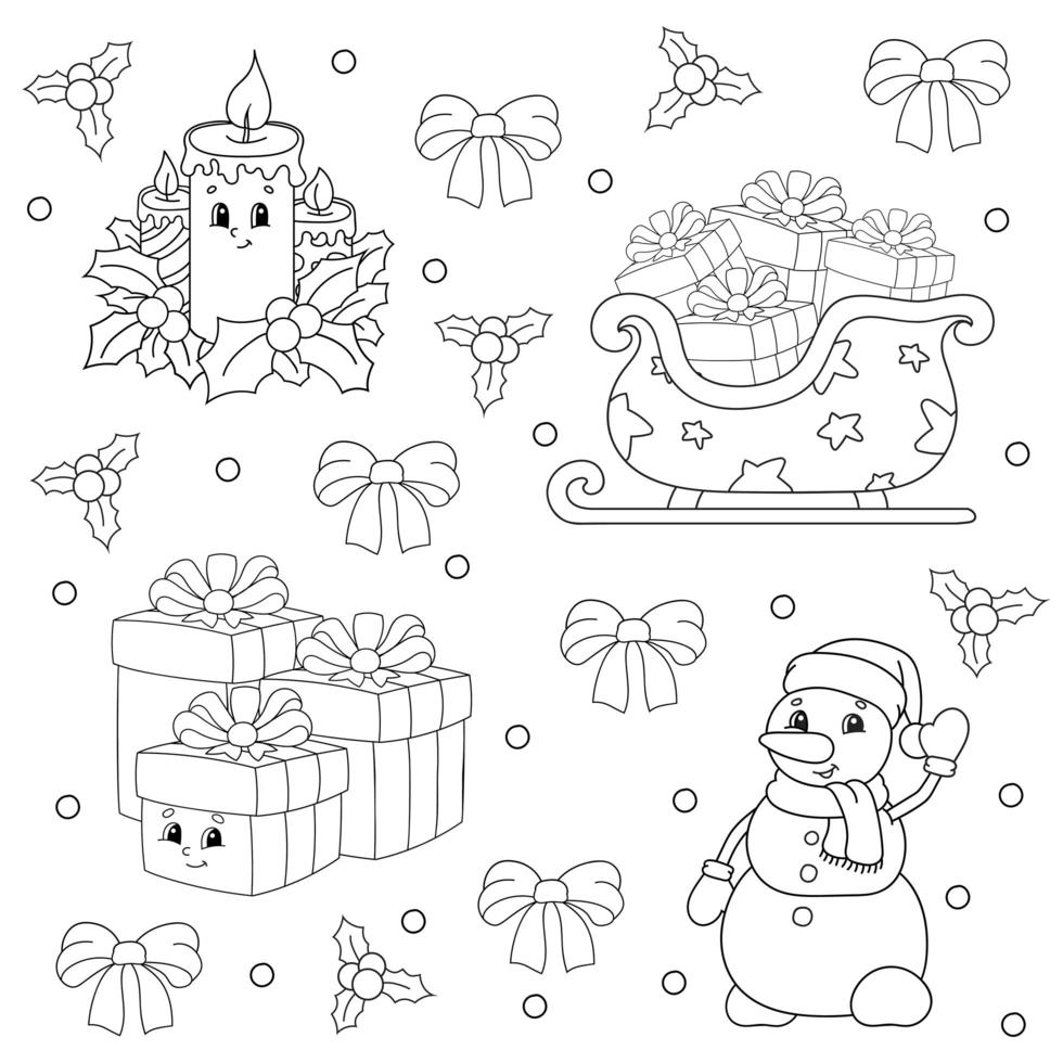 Coloring book for kids. Merry Christmas theme. Cheerful characters. Vector illustration. Cute cartoon style. Black contour silhouette. Isolated on white background.