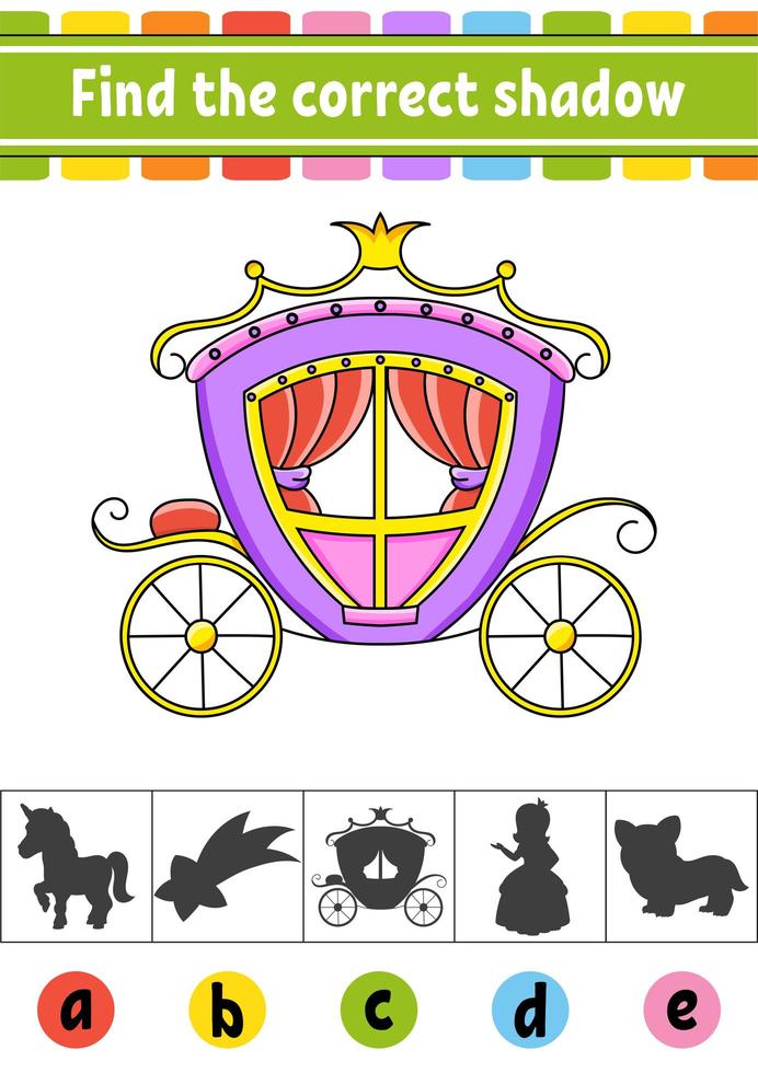 Find the correct shadow. Education developing worksheet. Activity page. Color game for children. Isolated vector illustration. Cartoon character.