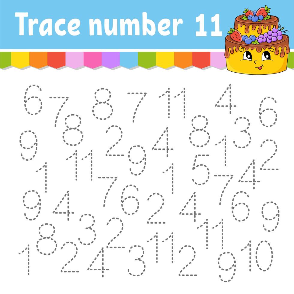 Trace number . Handwriting practice. Learning numbers for kids. Education developing worksheet. Activity page. Game for toddlers and preschoolers. Isolated vector illustration in cute cartoon style.