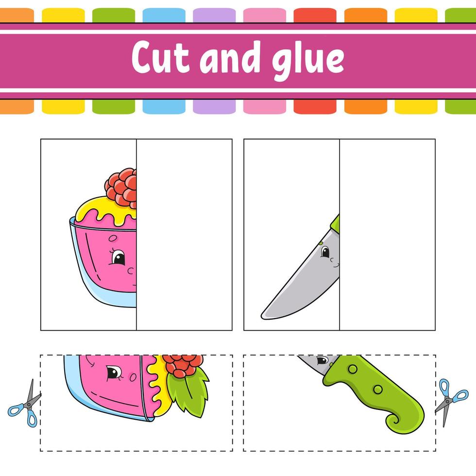 Cut and play. Paper game with glue. Flash cards. Education worksheet. Activity page. Funny character. Isolated vector illustration. Cartoon style.