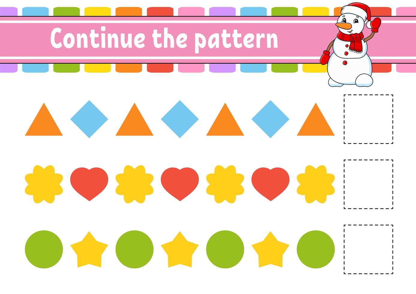 Continue the pattern. Education developing worksheet. Game for kids. Activity page. Puzzle for children. Riddle for preschool. Flat isolated vector illustration. Cute cartoon style.