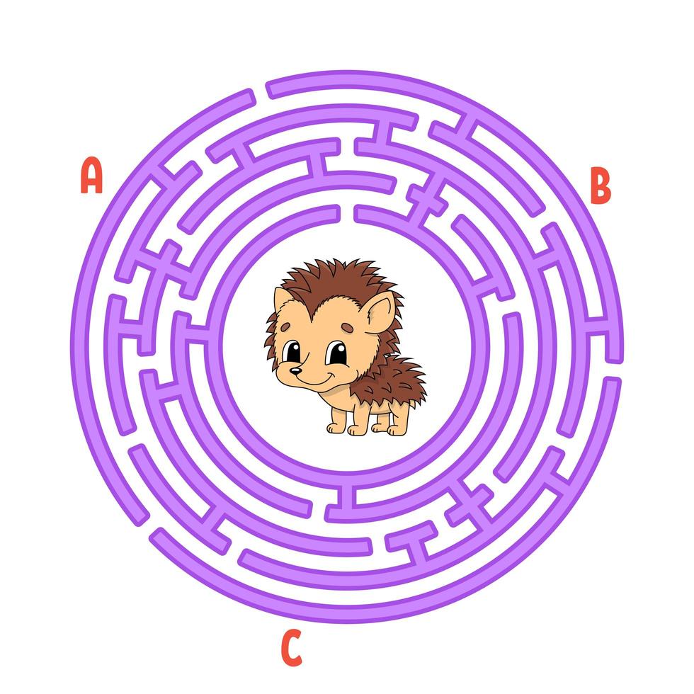 laberinto circular. juego para niños. rompecabezas para niños. enigma del laberinto redondo. animal erizo. ilustración vectorial de color. encuentra el camino correcto. hoja de trabajo de educación. vector