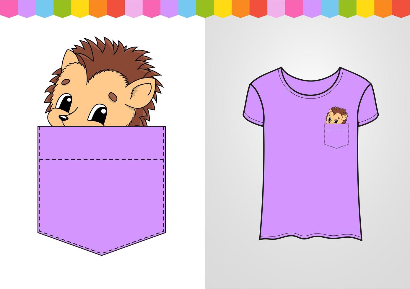 Cute character in shirt pocket. Hedgehog animal. Colorful vector illustration. Cartoon style. Isolated on white background. Design element.