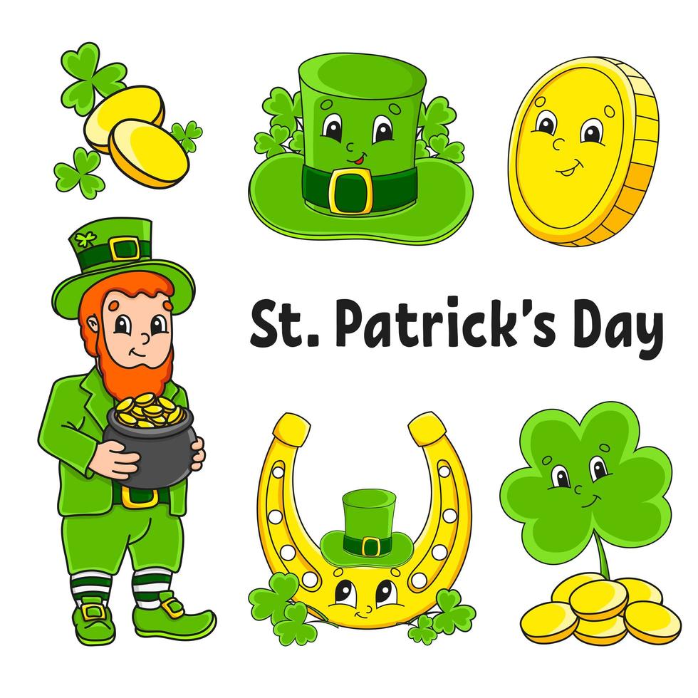 Set of color stickers for kids. St. Patrick's Day. Leprechaun with a pot of gold, gold coin, clover, hat, golden horseshoe. Cartoon characters. Black stroke. Isolated vector illustration.