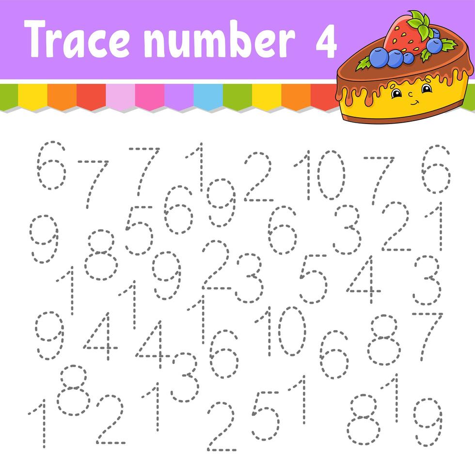 Trace number . Handwriting practice. Learning numbers for kids. Education developing worksheet. Activity page. Game for toddlers and preschoolers. Isolated vector illustration in cute cartoon style.