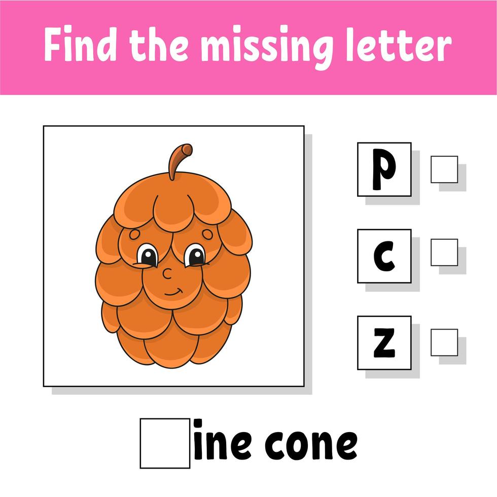 Find the missing letter. Education developing worksheet for kids. Activity page. Cartoon character. Autumn theme. vector