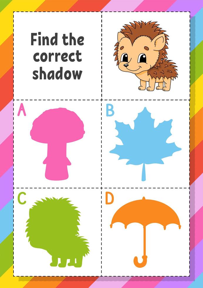 Find the correct shadow. Education developing worksheet for kids. Puzzle game. Activity page. Cartoon character. Autumn theme. vector