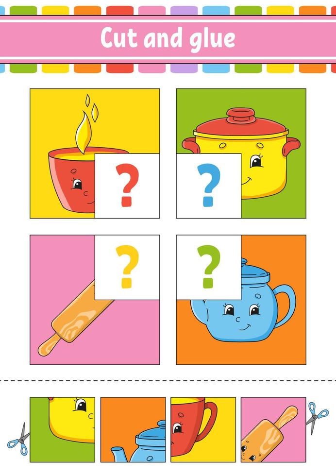 Cut and glue. Set flash cards. Color puzzle. Education developing worksheet. Activity page. Game for children. Funny character. Isolated vector illustration. Cartoon style.