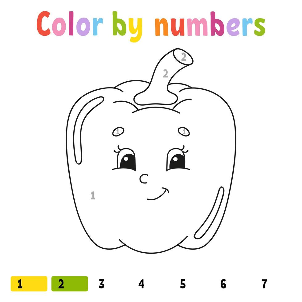 Color by numbers pepper. Coloring book for kids. Vegetable character. Vector illustration. Cute cartoon style. Hand drawn. Worksheet page for children. Isolated on white background.