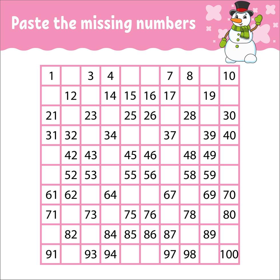 Paste the missing numbers. Handwriting practice. Learning numbers for kids. Education developing worksheet. Activity page. Game for children. Isolated vector illustration in cute cartoon style.